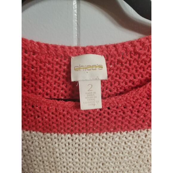 Chico's Women's Size 2 Coral/Ivory Metallic Striped Open knit Coastal‎ Sweater - Picture 2 of 9